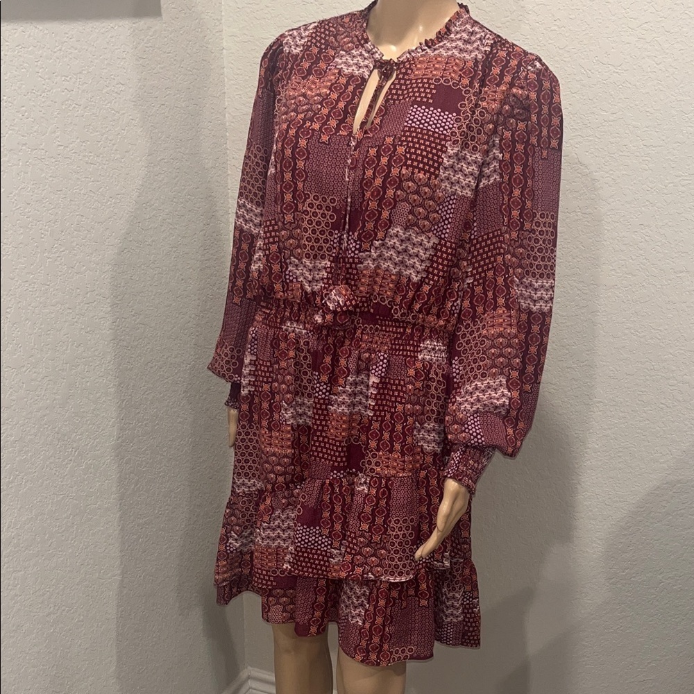 BCBG Paris Red and Pink Long Sleeve Dress
